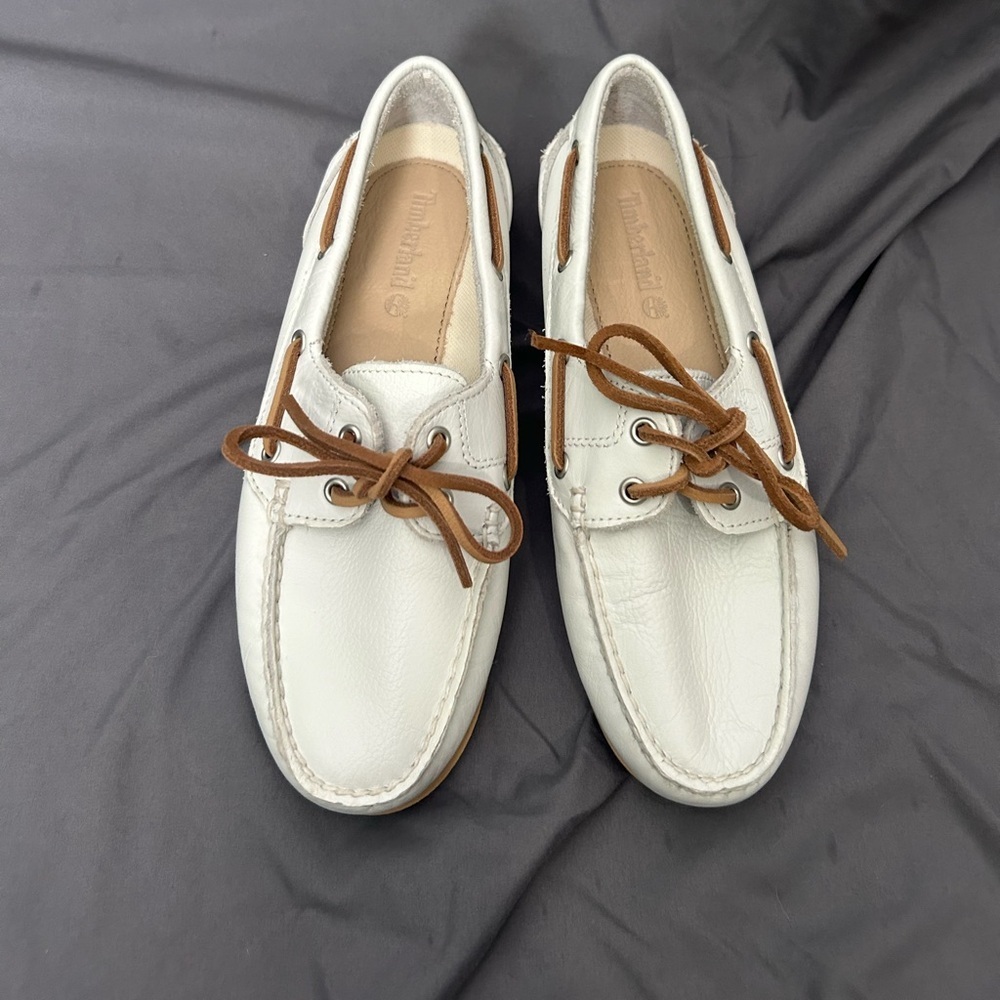 Timberland Classic Womens Boat Shoe White Tan laces size 7 Leather Flats Slip on - Picture 5 of 10